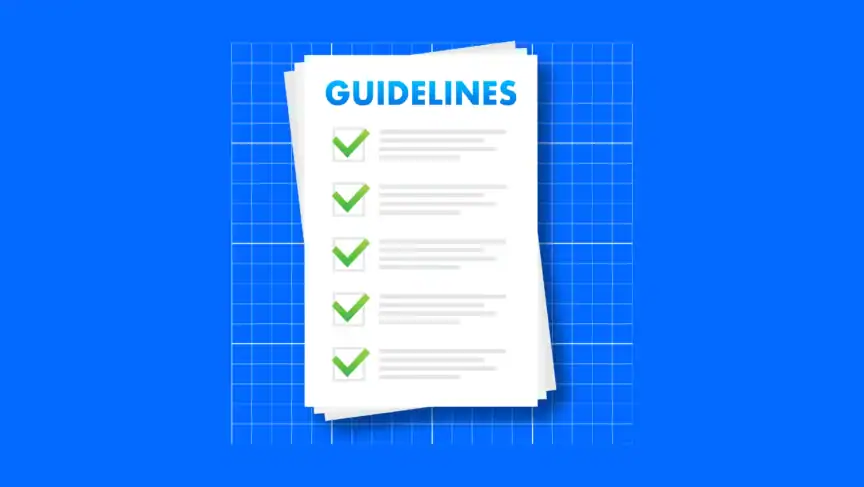 A stack of papers titled "GUIDELINES" with a checklist of six green check marks, shown on a blue grid background.