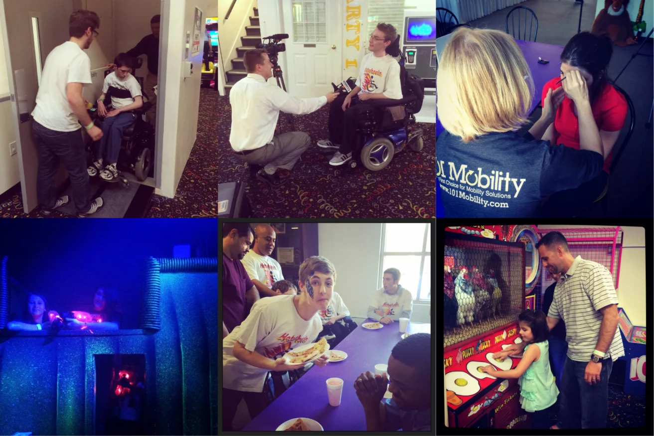 A group of people, including individuals in wheelchairs, engage in various activities: interviews, face painting, arcade games, and laser tag at an event organized by a mobility solutions company.