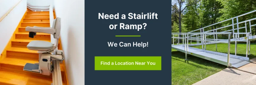 Stairlift on wooden stairs, text suggesting assistance with stairlifts or ramps, and a metal ramp on grass beside concrete.