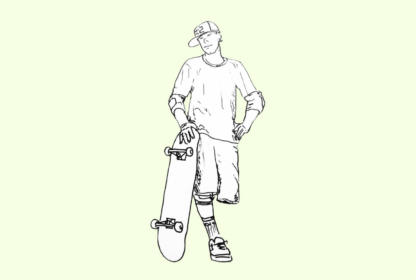 Line drawing of a person wearing a cap, t-shirt, long shorts, and sneakers, standing with one hand on their hip and the other holding a skateboard.