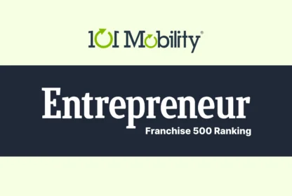 The image features the text "Entrepreneur Franchise 500 Ranking" with the 101 Mobility logo above it on a light background.