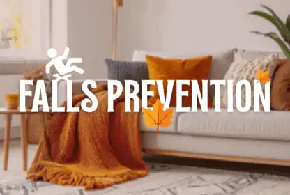 Text "Falls Prevention" with a falling person icon and autumn leaves overlays an image of a modern living room with an orange blanket and assorted cushions on a sofa.