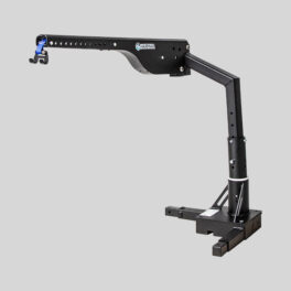 A black HamrA reacher/loader crane with a hook attachment, mounted on a base, viewed on a neutral background.