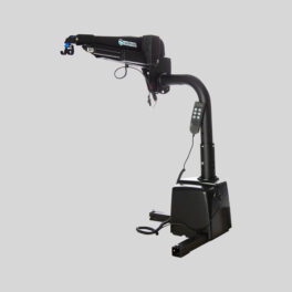 A black hydraulic crane with a digital control panel, mounted on a stable base, designed for lifting heavy objects.