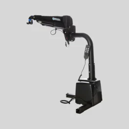 A black hydraulic crane with a digital control panel, mounted on a stable base, designed for lifting heavy objects.
