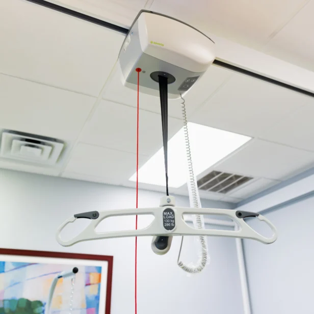 Ceiling-mounted patient lift with a red laser guide and control panel. A framed abstract painting is visible on the wall in the background.