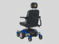 back view of a golden power chair in blue.