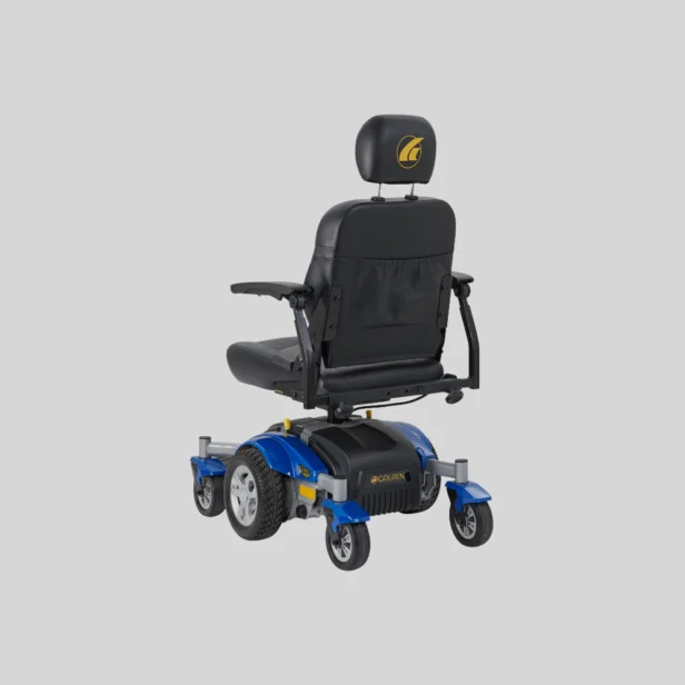 back view of a golden power chair in blue.