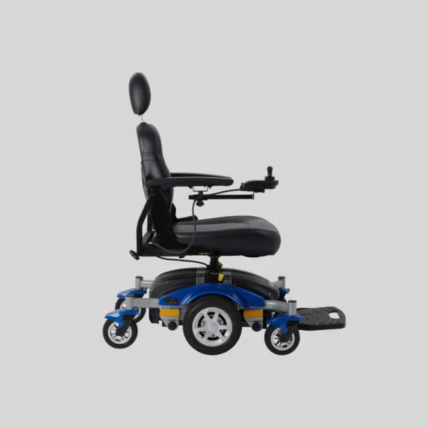 side view of a golden power chair in blue.