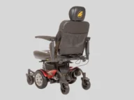 back view of a golden power chair in red.