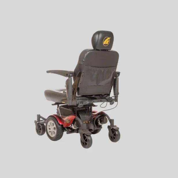 back view of a golden power chair in red.