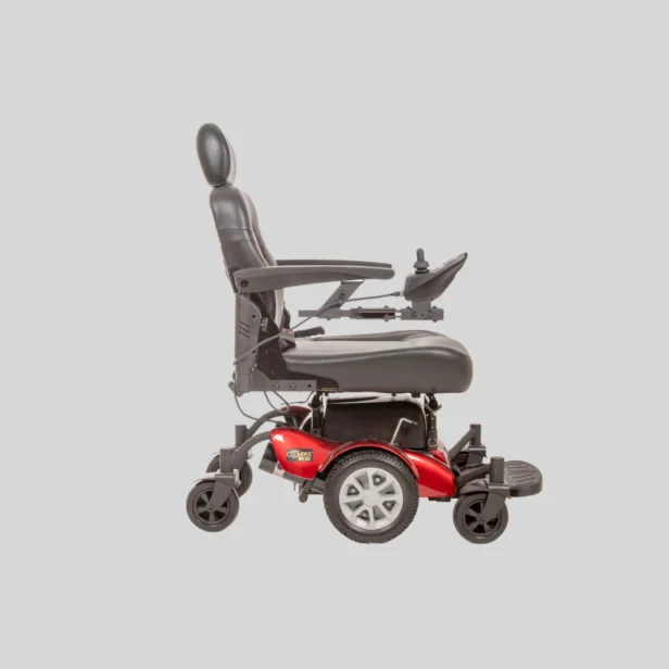 side view of a golden power chair in red.