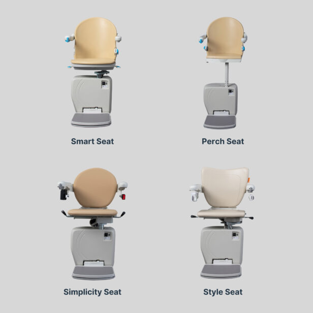 handicare 4000 indoor stairlift in four different styles of seats.
