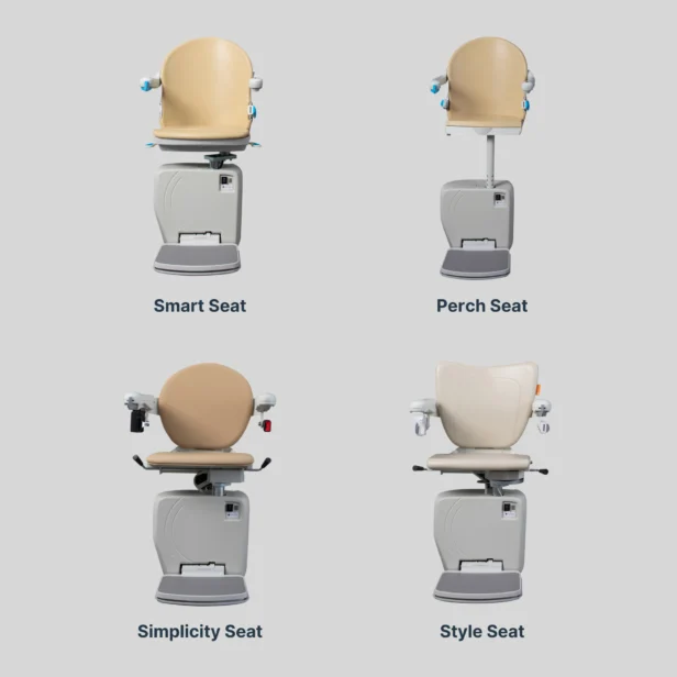 handicare 4000 indoor stairlift in four different styles of seats.