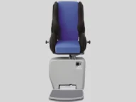 A blue and black stair lift chair on a gray motorized base, designed for assisting individuals in moving up and down stairs.