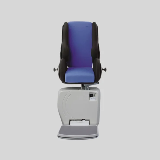 A blue and black stair lift chair on a gray motorized base, designed for assisting individuals in moving up and down stairs.