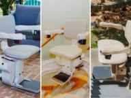 Three stair lifts on different staircases: left on a brick patio, center indoors, and right outdoors on a wooden deck. Each has a padded seat, armrests, footrest, and control buttons.