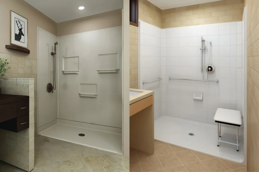 Side-by-side comparison of two shower stalls: one with a bronze showerhead and shelving, the other with white tiles, a shower seat, grab bar, and a handheld showerhead.