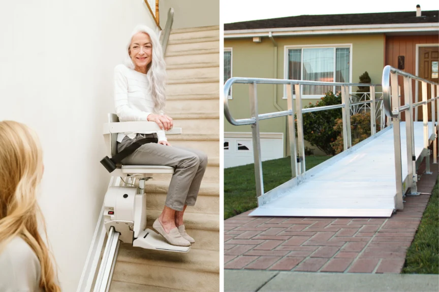 Woman using a stair lift indoors; a separate image shows an outdoor accessibility ramp leading to a house.