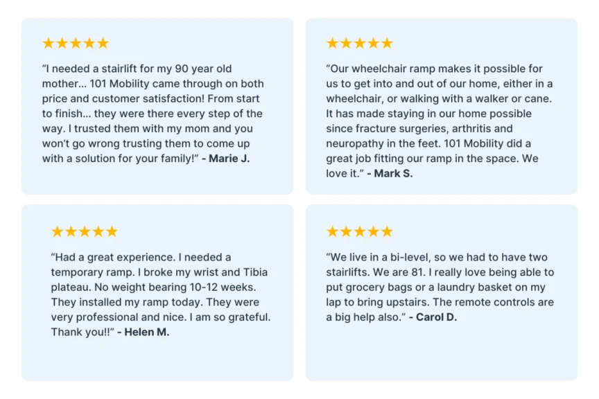 Four customer testimonials with 5-star ratings, praising 101 Mobility for stairlift and ramp services, highlighting professionalism, reliability, and enhanced mobility for various needs.