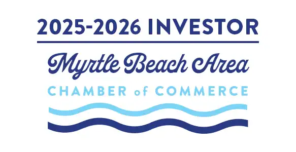 2025-2026 Investor badge for Myrtle Beach Area Chamber of Commerce, featuring blue text and wave graphics.