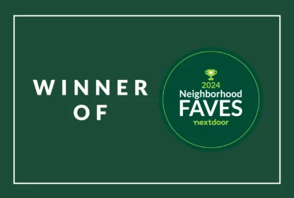 Green graphic with the text "WINNER OF" next to a circular emblem reading "2024 Neighborhood Faves, Nextdoor.