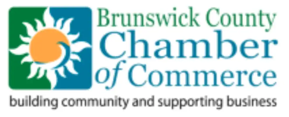 Brunswick County Chamber of Commerce logo with a sun graphic and the tagline "building community and supporting business.
