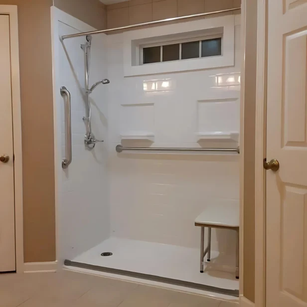Accessible shower with grab bars, adjustable showerhead, foldable seat, and small window above. Beige-tiled walls, a white door, and a light tan floor surround the shower area.