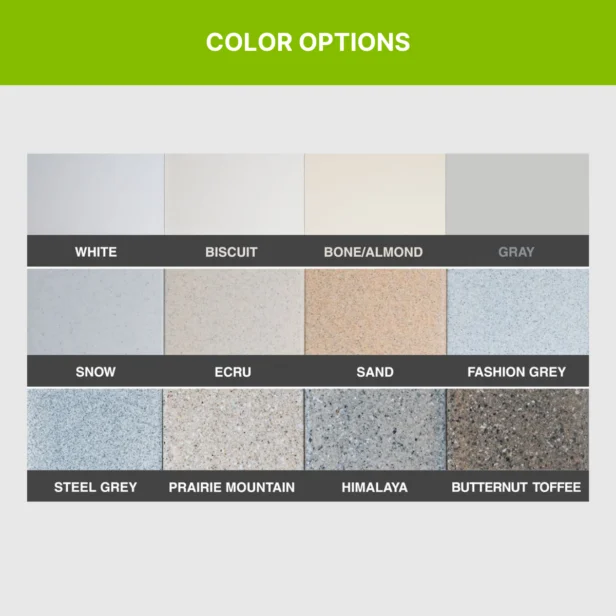 Color options chart showing a grid of 12 colors: White, Biscuit, Bone/Almond, Gray, Snow, Ecru, Sand, Fashion Grey, Steel Grey, Prairie Mountain, Himalaya, and Butternut Toffee.