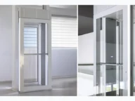 Modern residential glass elevator with clear doors, shown in two views. The left image displays the full elevator; the right shows a close-up of the interior with control panel.