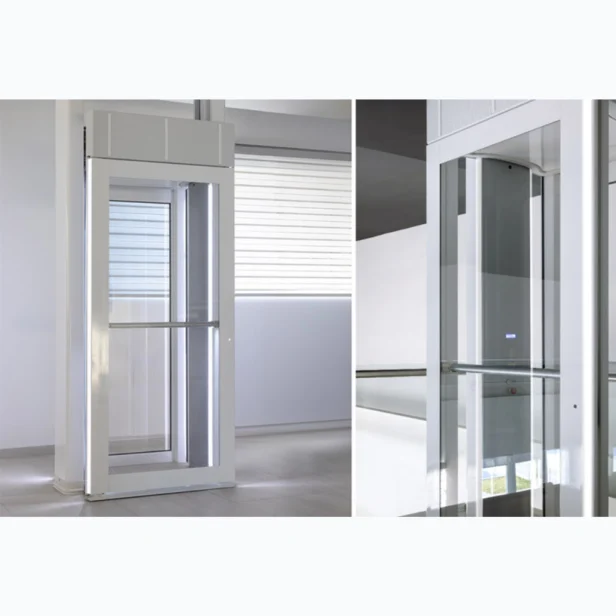 Modern residential glass elevator with clear doors, shown in two views. The left image displays the full elevator; the right shows a close-up of the interior with control panel.
