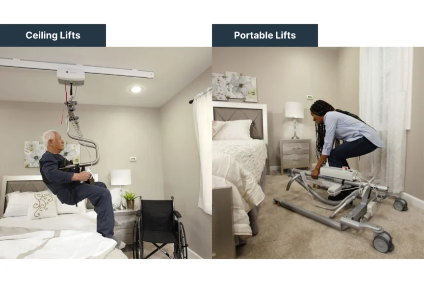 Side-by-side comparison of a ceiling lift being used to transfer a person from a bed and a portable lift positioned beside a bed in a bedroom setting.