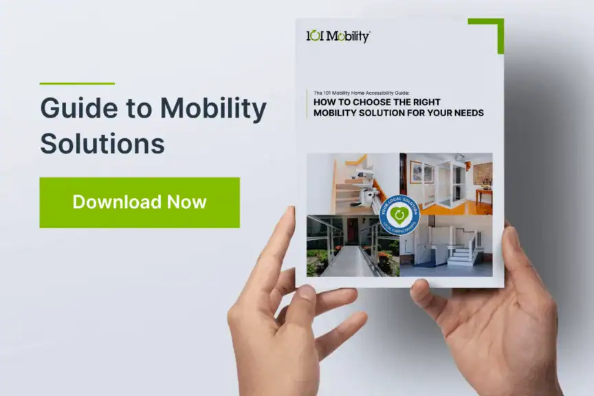 A person holds a booklet titled “How to Choose the Right Mobility Solution for Your Needs” next to a sign reading “Guide to Mobility Solutions” and a green “Download Now” button.