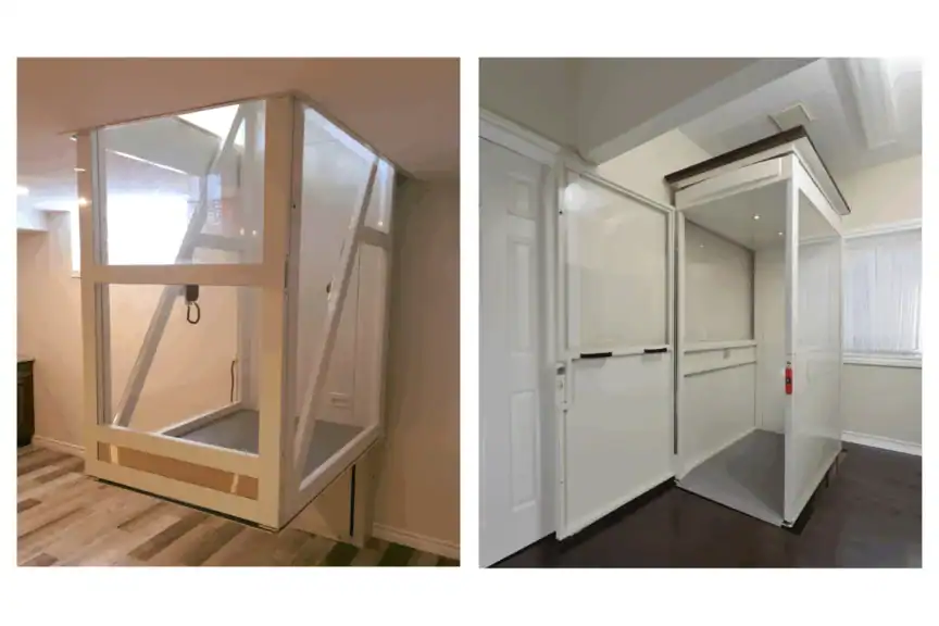 Side-by-side images of residential indoor elevators with transparent panels and doors, installed in home interiors on different types of flooring.