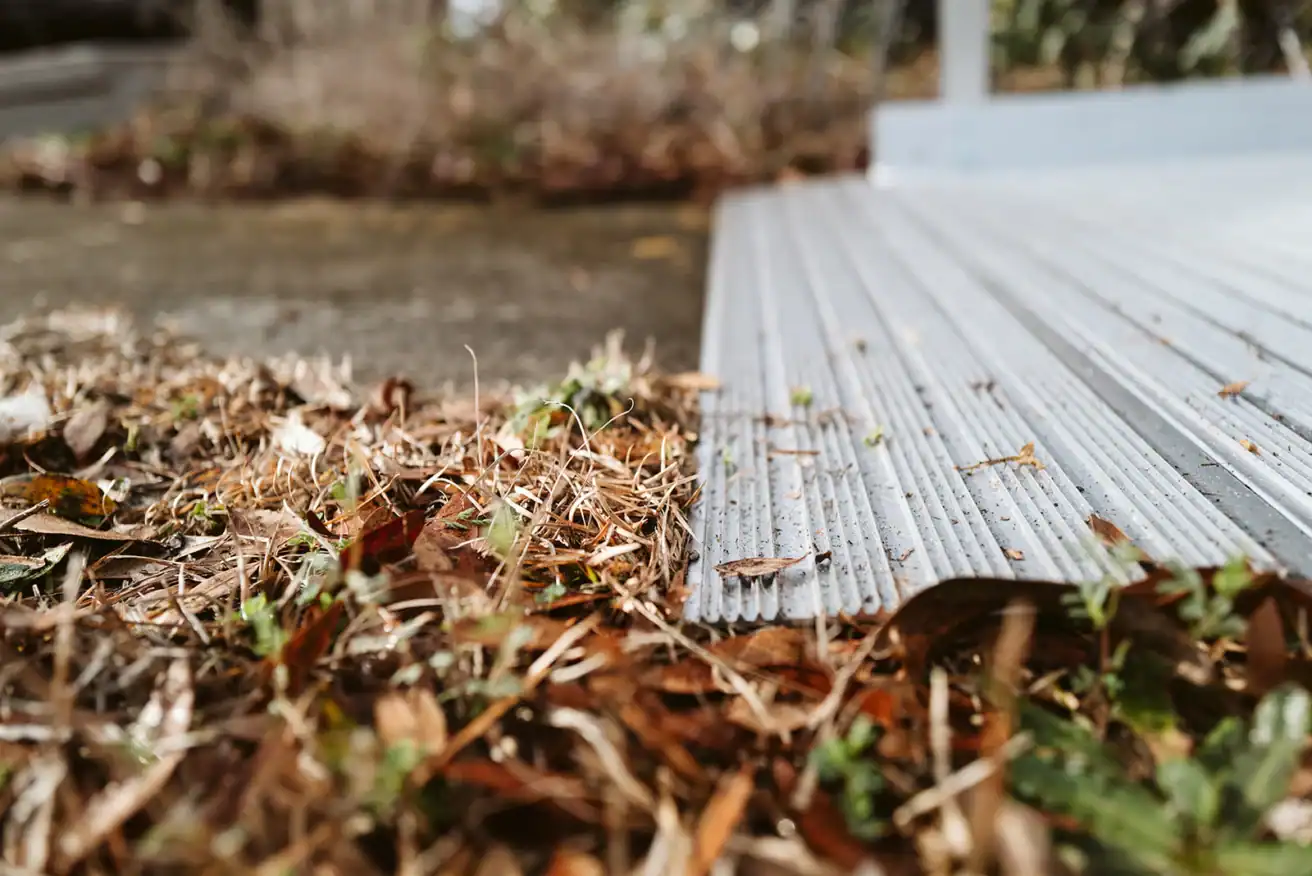 Close-up of a metal ramp meeting dry grass and scattered leaves, with a concrete surface in the background.