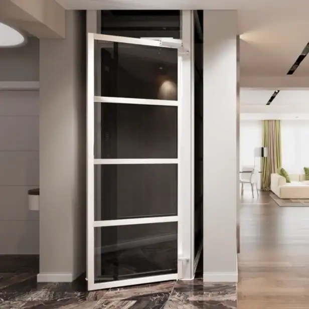 A modern residential elevator with a glass door is situated between a hallway with marble flooring and a living room with wooden floors and large windows.