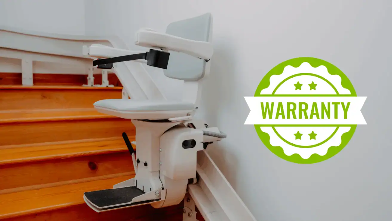 A stairlift installed on a wooden staircase next to a green warranty badge graphic.