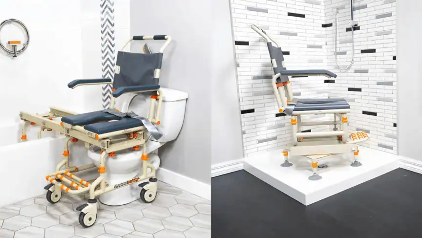 A rolling shower commode chair is shown positioned over a toilet on the left and inside a shower on the right, both settings featuring tiled walls and floors.