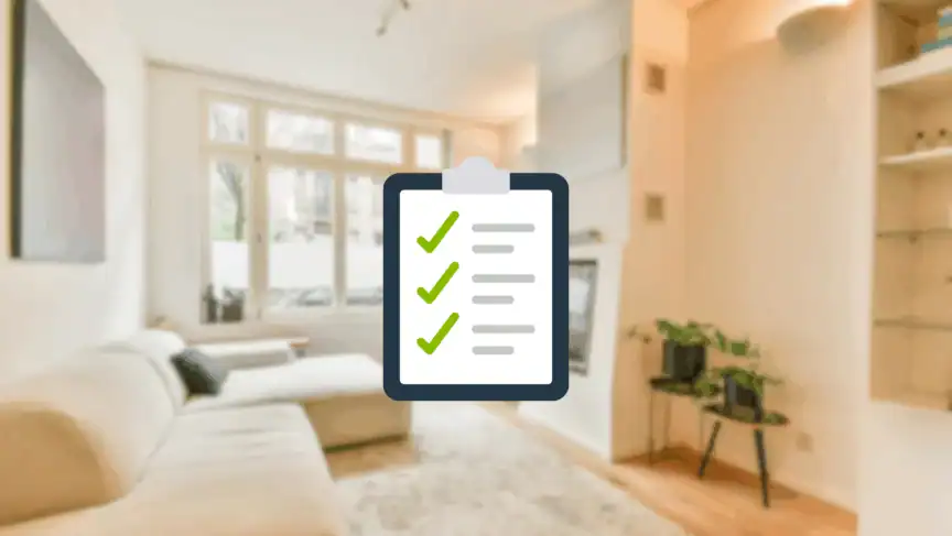 A clipboard checklist icon is centered over a photo of a modern, bright living room with a large window, beige couch, and plants.