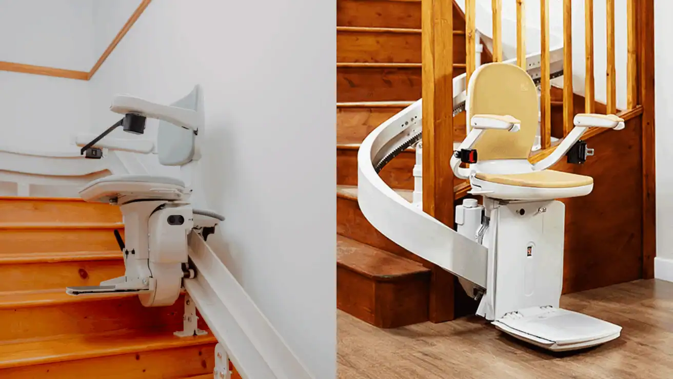 Two stairlifts are installed on different staircases; both feature a seat, armrests, footrest, and safety belt, designed to assist with mobility on stairs.