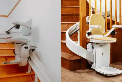 Two stairlifts are installed on different staircases; both feature a seat, armrests, footrest, and safety belt, designed to assist with mobility on stairs.