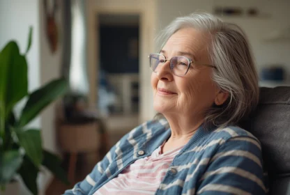 An older woman with glasses and gray hair sits indoors on a couch, smiling softly. She wears a striped cardigan and a pink shirt. A plant and blurred room are visible in the background.