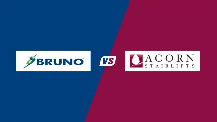 Side-by-side comparison graphic with the Bruno logo on a blue background and the Acorn Stairlifts logo on a maroon background, separated by a "vs" in the center.