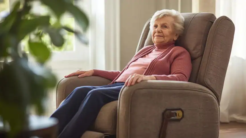 An elderly woman sits comfortably in a reclining chair in a well-lit living room, wearing a pink sweater and blue pants.