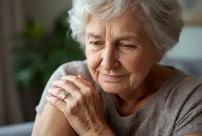 Elderly woman with gray hair sits indoors, gently holding her shoulder and looking down with a thoughtful expression.