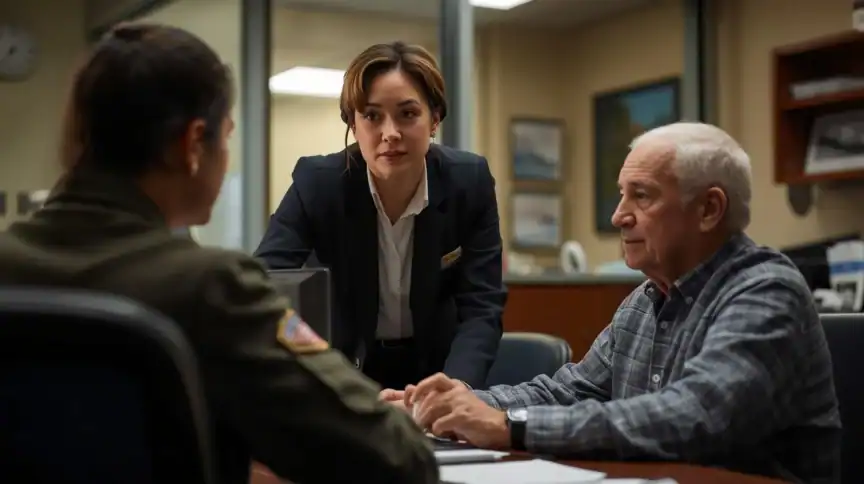 Three people sit around a desk in an office, engaged in discussion. A woman in a suit stands while another woman and an older man sit across from her.