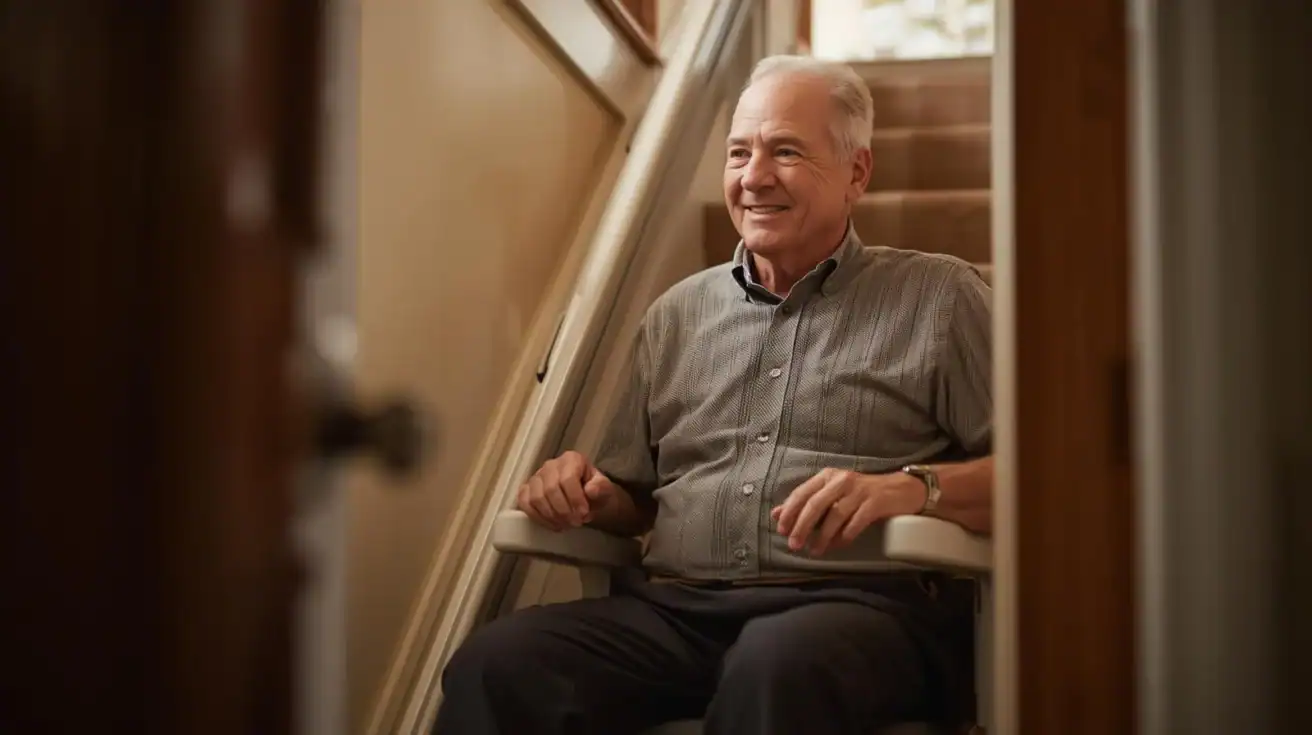 An older man sits on a stairlift at the bottom of a carpeted staircase, smiling in a well-lit home corridor.