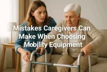 An elderly woman using a walker is assisted by a younger woman at home. Text reads: "Mistakes Caregivers Can Make When Choosing Mobility Equipment.