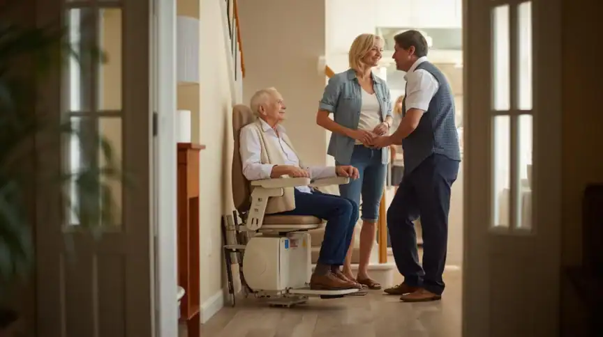 An older man sits on a stairlift while a smiling middle-aged couple stands nearby in a well-lit home hallway.