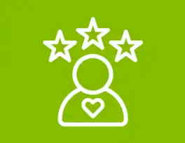 Outline of a person with a heart on their chest and three stars above their head, on a green background.